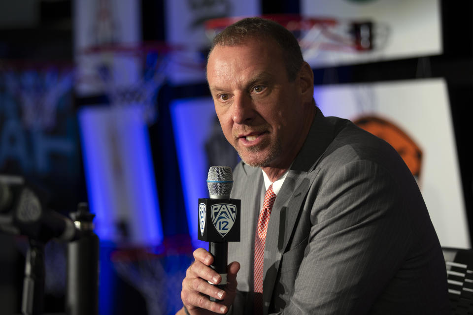 Utah head coach Larry Krystkowiak speaks during the Pac-12 NCAA college basketball media day, in San Francisco, Tuesday, Oct. 8, 2019. (AP Photo/D. Ross Cameron)