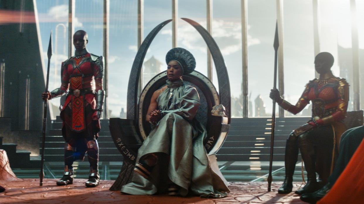  The women of Wakanda holding court in the throne room in Black Panther: Wakanda Forever 