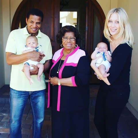 <p>Jackie Jackson/Instagram</p> Jackie Jackson, his mother Katherine Jackson, and his wife Emily Besselink, with their twin sons