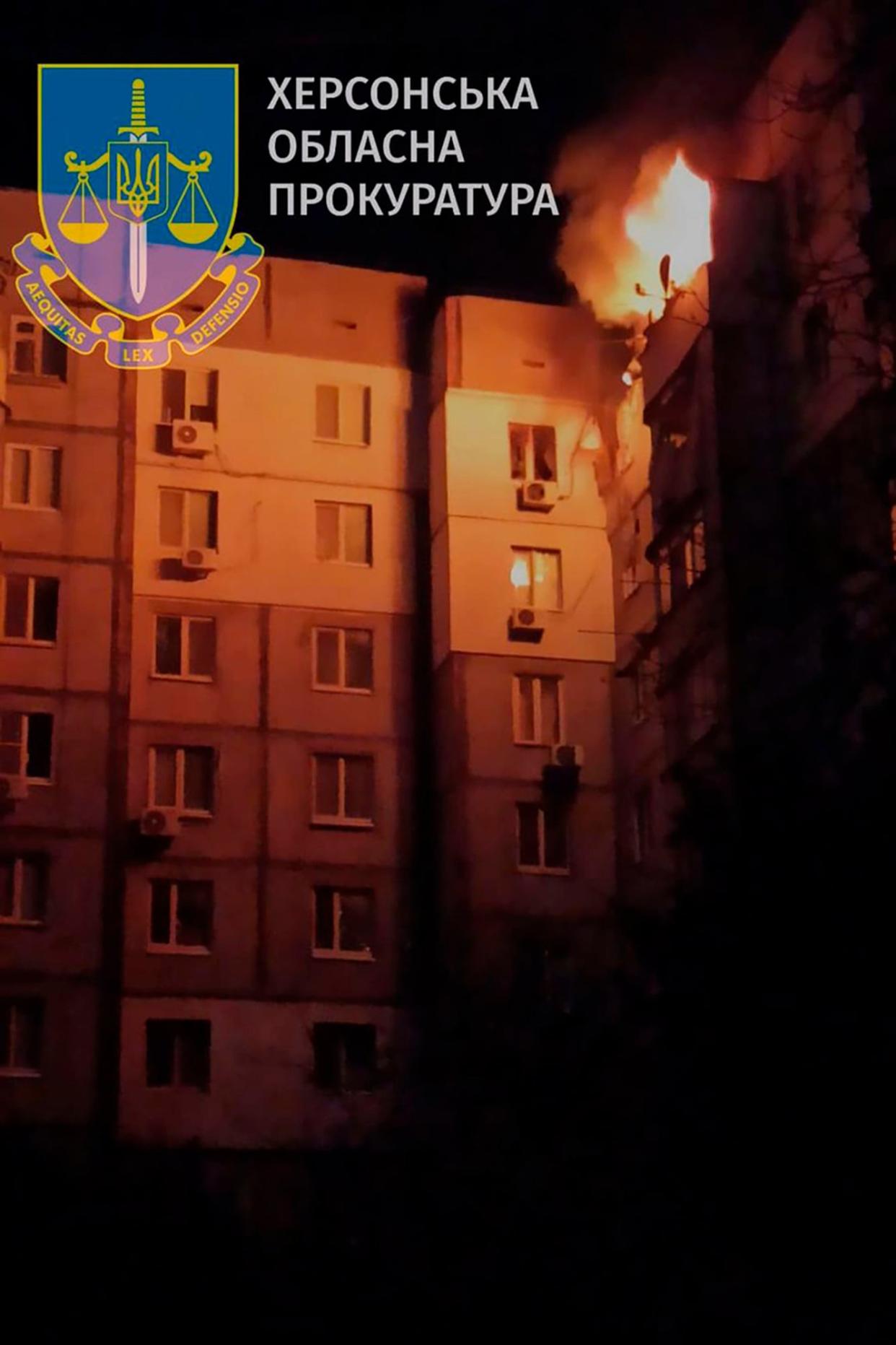 A damaged residential building pictured on early Monday, (AP/Kherson Regional Prosecutor's Office)