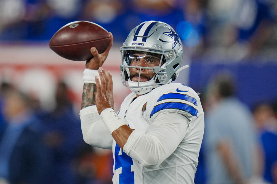 Dallas Cowboys quarterback Dak Prescott (4) passes during an NFL football game against the New York Giants on Sunday, Sept. 10, 2023, in East Rutherford, N.J. (AP Photo/Rusty Jones)