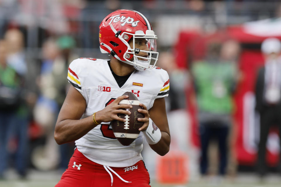 Maryland quarterback Taulia Tagovailoa looks for an open pass during the second half of an NCAA college football game against Ohio State, Saturday, Oct. 7, 2023, in Columbus, Ohio. (AP Photo/Jay LaPrete)