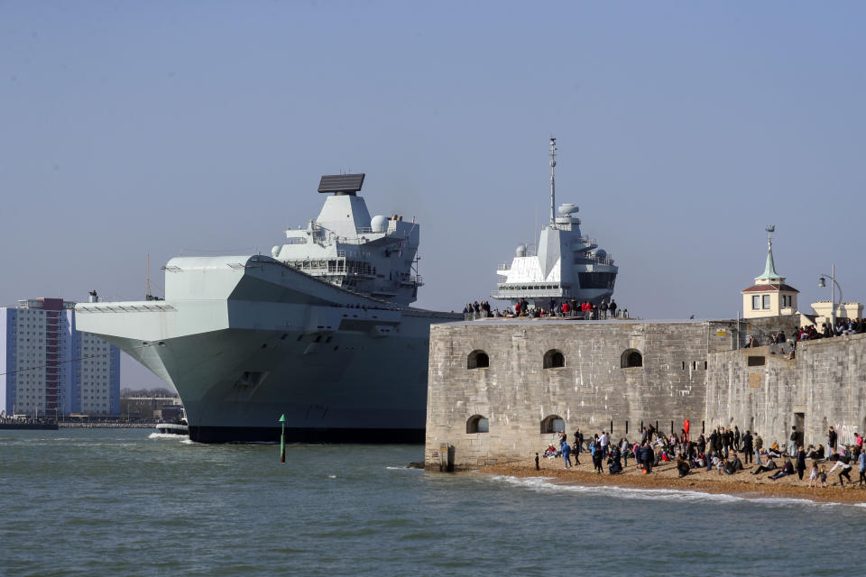 The Royal Navy aircraft carrier HMS Queen Elizabeth leaves Portsmouth Naval Base in Hampshire as it sets sail for exercises at sea. Picture date: Monday March 1, 2021.