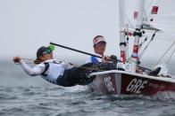 <p>FUJISAWA, JAPAN - JULY 26: Vasileia Karachaliou of Team Greece competes in the Women's Laser Radials on day three of the Tokyo 2020 Olympic Games at Enoshima Yacht Harbour on July 26, 2021 in Fujisawa, Kanagawa, Japan. (Photo by Clive Mason/Getty Images)</p> 