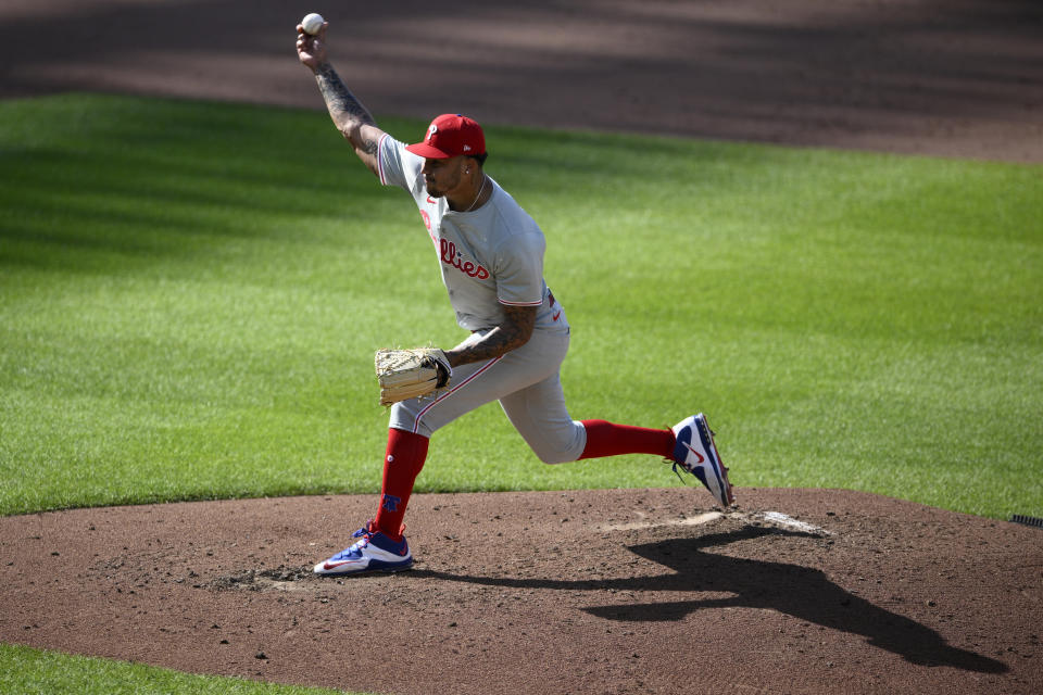 Philadelphia Phillies starting pitcher Taijuan Walker throws during the fifth inning of a baseball game against the Baltimore Orioles, Saturday, June 15, 2024, in Baltimore. (AP Photo/Nick Wass)