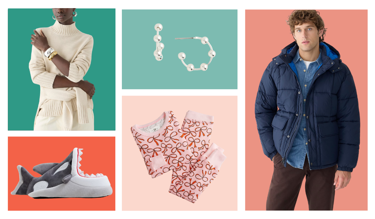 collage of turtuleneck, earrings, slippers, pajamas and coat