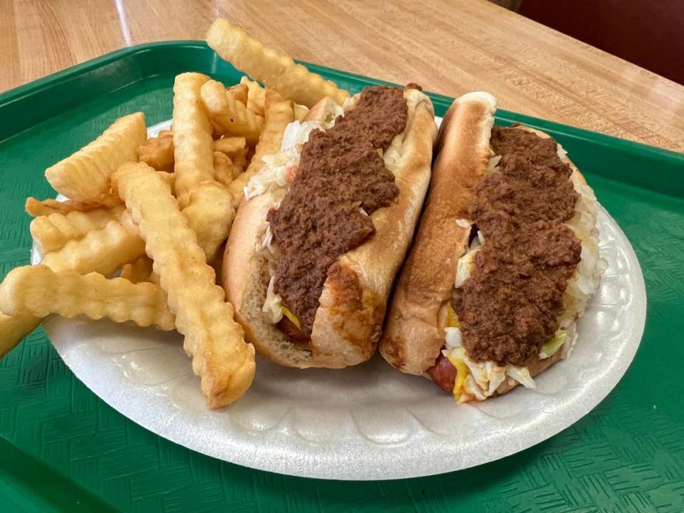 Chili dogs and fries at Green’s Lunch.