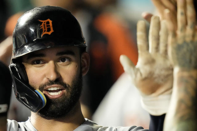 Lakeland FL USA; Detroit Tigers center fielder Matt Vierling (8) is  congratulated in the dugout after homering during an MLB spring training  game agai Stock Photo - Alamy