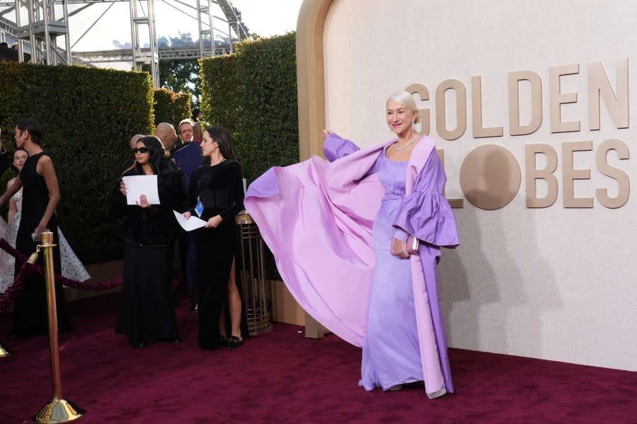 Helen Mirren arrives at the 81st Golden Globe Awards on Sunday, Jan. 7, 2024, at the Beverly Hilton in Beverly Hills, Calif. (Photo by Jordan Strauss/Invision/AP)