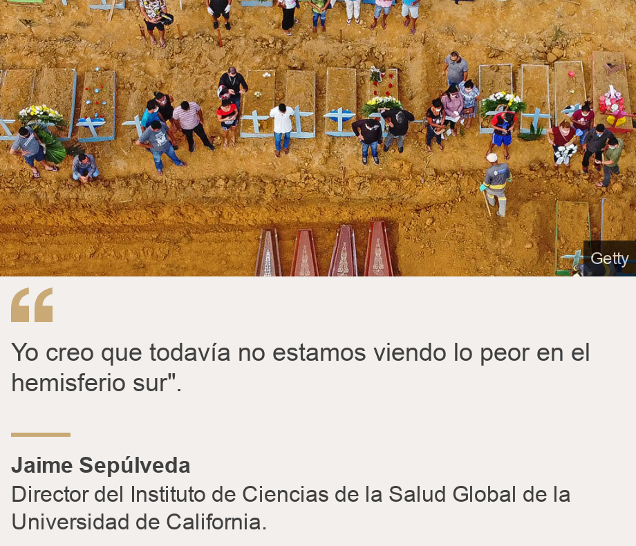 "Yo creo que todavía no estamos viendo lo peor en el hemisferio sur".", Source: Jaime Sepúlveda, Source description: Director del Instituto de Ciencias de la Salud Global de la Universidad de California., Image: Brasileños enterrando a sus familiares.