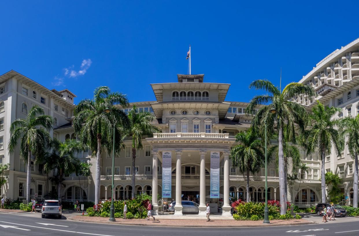 Honolulu, USA - August 3, 2016: Front exterior panorama of the Moana Surfrider in Honolulu. Known as the First Lady of Waikiki, is a famous historic hotel on the island of Oahu built in 1901