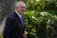 FILE - In this June 15, 2021, file photo, Australia's Prime Minister Scott Morrison leaves after meeting with Britain's Prime Minister Boris Johnson at 10 Downing Street, in London. France would have known Australia had “deep and grave concerns” that a submarine fleet the French were building would not meet Australian needs, Prime Minister Morrison said on Sunday, Sept. 19, after cancelling the contract.(AP Photo/Matt Dunham, File)