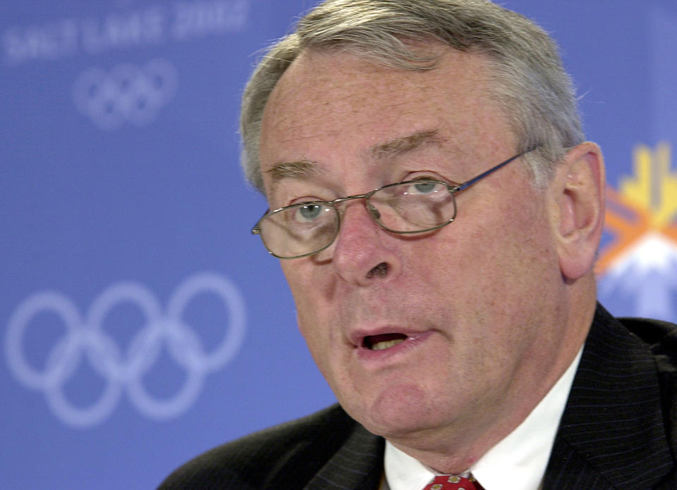 World Anti-Doping Agency Chairman Dick Pound speaks about the  agency's report during a press conference at the Winter Olympic media center in Salt Lake City in this Feb. 4, 2002 file photo. Pound defended the doping tests that embroiled Marion Jones and Floyd Landis in high-profile cases, saying "in the long run, the system works. (AP Photo/Elaine Thompson)