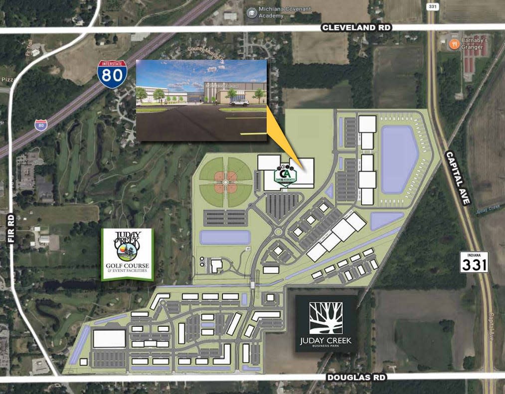 The Mishawaka Fieldhouse is featured in documents from Pinnacle Properties for development of the Juday Creek Business Park near the new venue north of Douglas Road at Veterans Parkway.