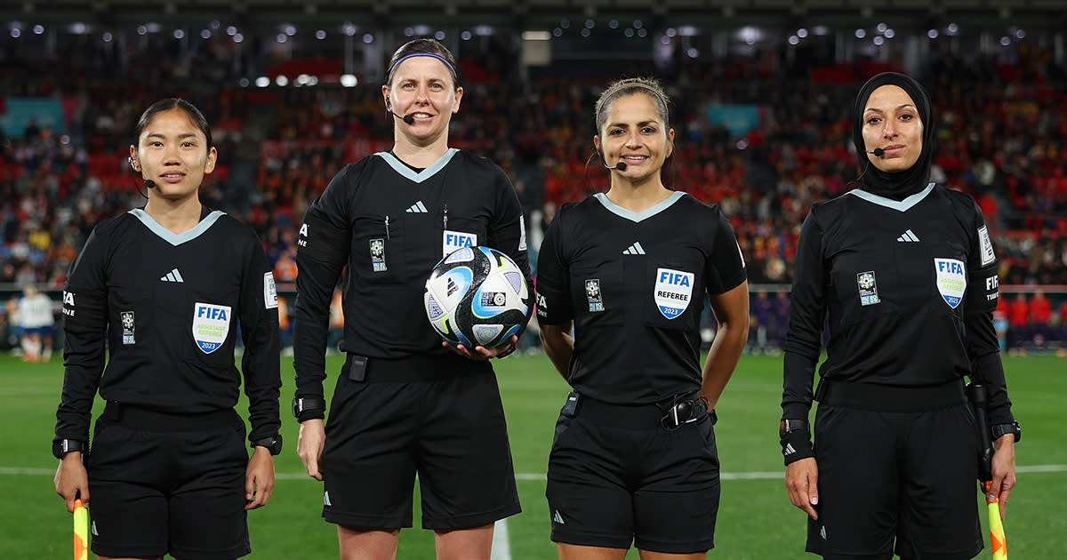  Referee Casey Reibelt poses for a photo with match officials Ramina Tsoi, Marianela Araya and Saadieh Heba during the FIFA Women's World Cup Australia & New Zealand 2023 Group D match between China and England at Hindmarsh Stadium on August 01, 2023 in Adelaide / Tarntanya, Australia. 