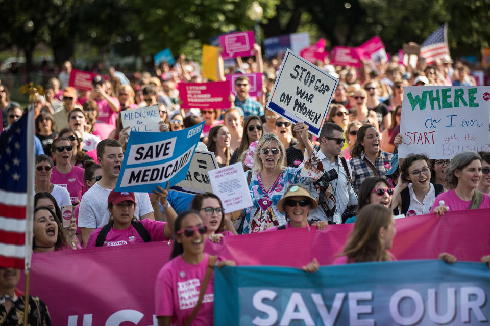 <p>Activists march around the U.S. Capitol to protest the Senate GOP health care bill, on Capitol Hill, June 28, 2017 in Washington, DC. The protest was organized by a wide array of progressive organizations and they are calling for a ‘People’s Filibuster’ around the U.S. Capitol in protest of the GOP health care plan. (Photo: Drew Angerer/Getty Images) </p>