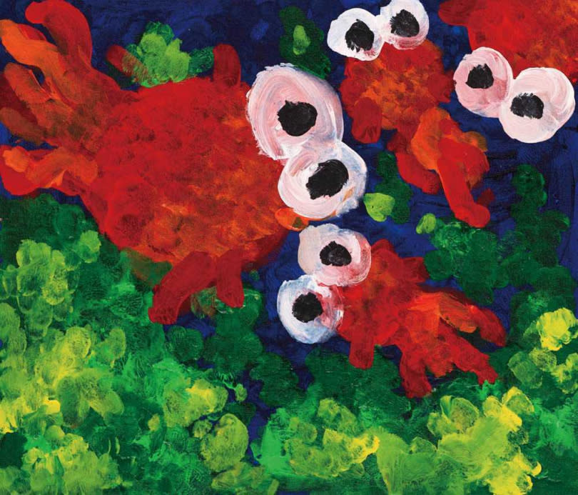 馬貞儀的作品充滿活潑的色彩和生命力，其中，《大眼金魚》畫作曾有金主想以新台幣750萬元買下。（圖／徐美智提供）