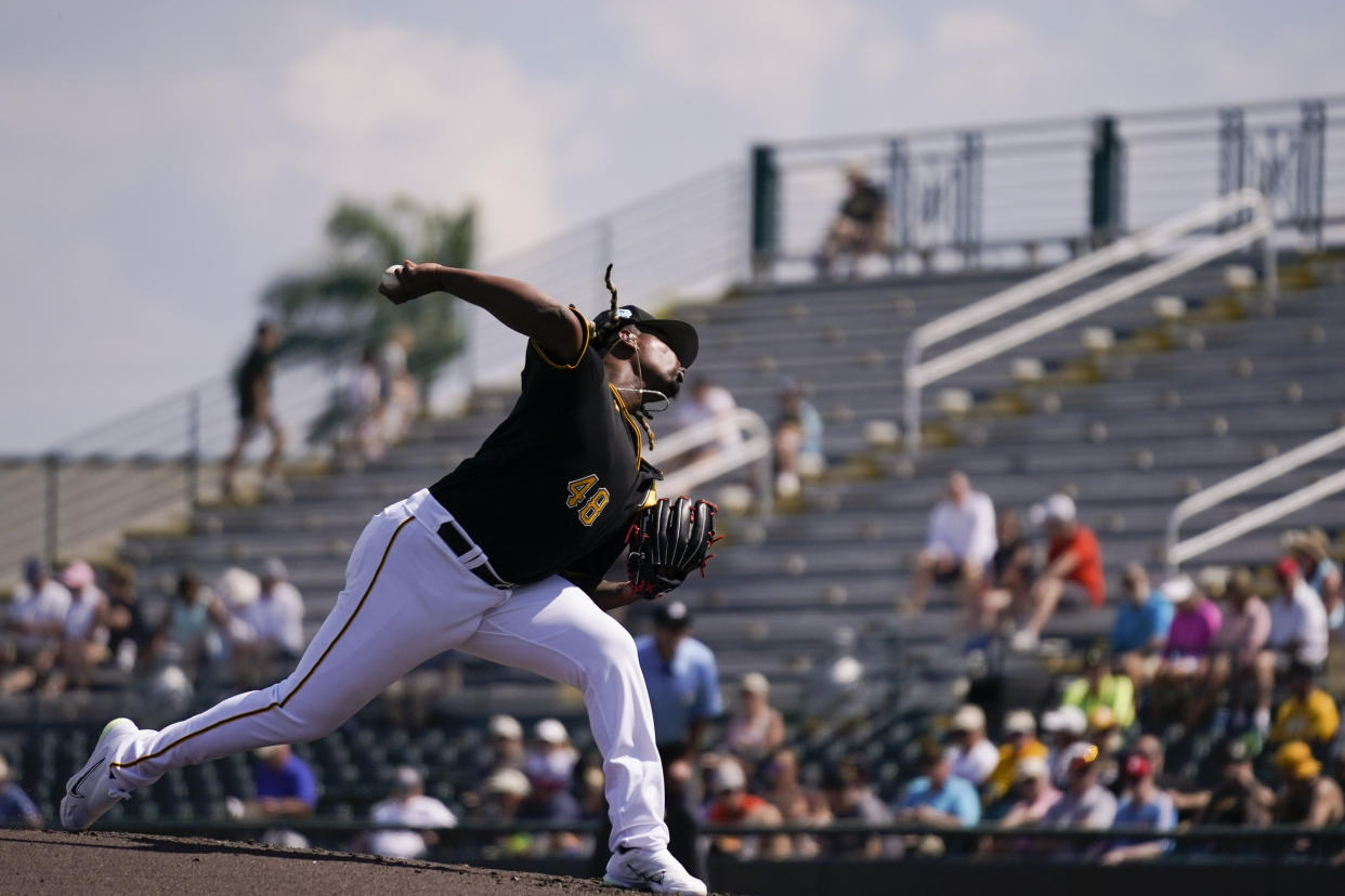 Pittsburgh Pirates starting pitcher Luis Ortiz (48) delivers the ball in the first inning during a spring training baseball game against the Baltimore Orioles, Tuesday, Feb. 28, 2023, in Bradenton, Fla. (AP Photo/Brynn Anderson)