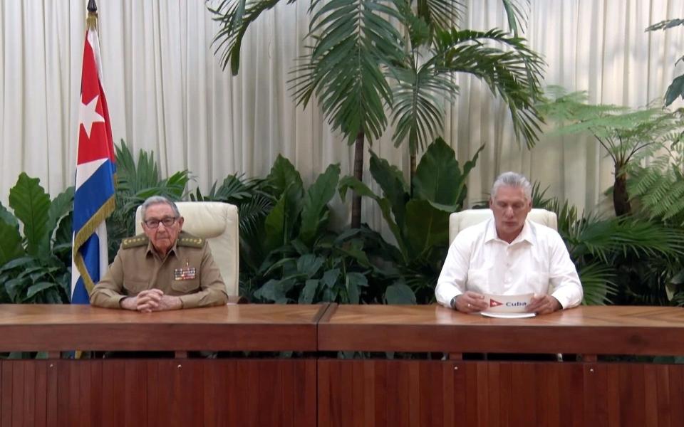 President Miguel Diaz-Canel, right, announced the plans beside Raul Castro, the Communist Party leader - EPA
