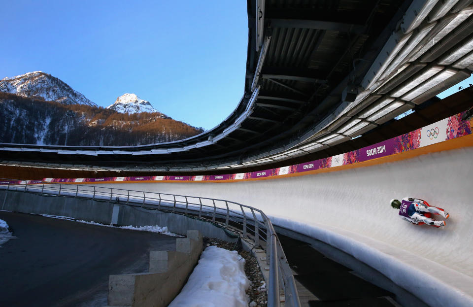 Kim Donghyeon of South Korea in action during a Men's Singles Luge training session ahead of the Sochi 2014 Winter Olympics at the Sanki Sliding Center on February 6, 2014 in Sochi, Russia on February 7, 2014 in Sochi.