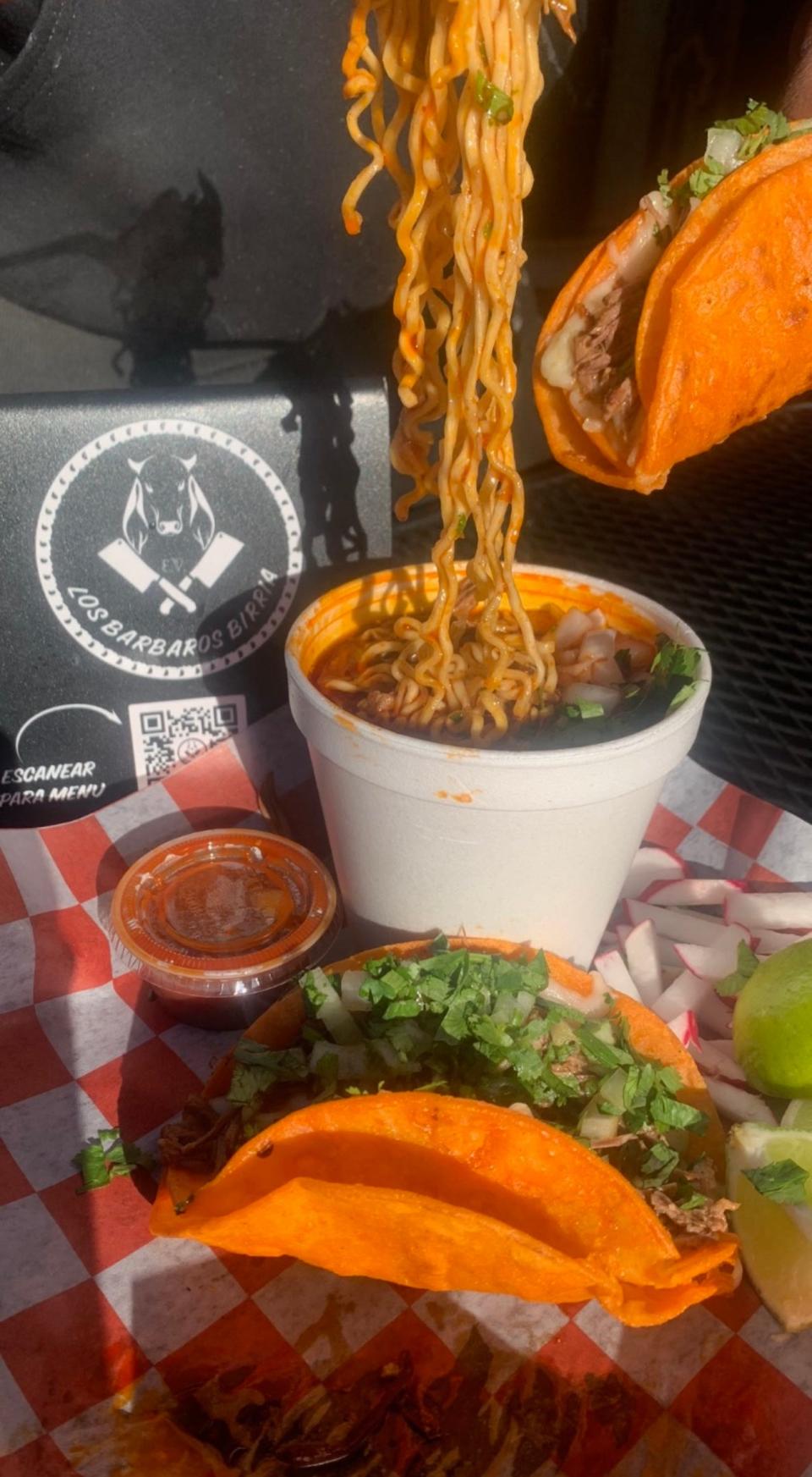 Birria ramen and quesabirrias combo with red dipping sauce at Los Barbaros Birria in Belmar.