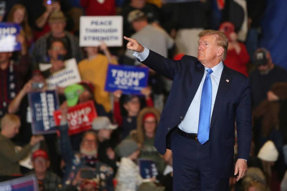 Former President Donald Trump leaves the stage at a campaign rally Saturday, Nov. 11, 2023, in Claremont, N.H.