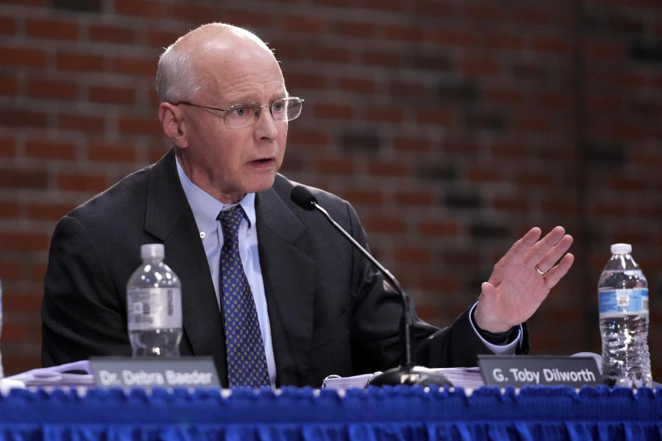 Toby Dilworth questions a witness, Thursday, April 25, 2024, in Augusta, Maine, during a hearing of the independent commission investigating the law enforcement response to the mass shooting in Lewiston, Maine. (AP Photo/Robert F. Bukaty)