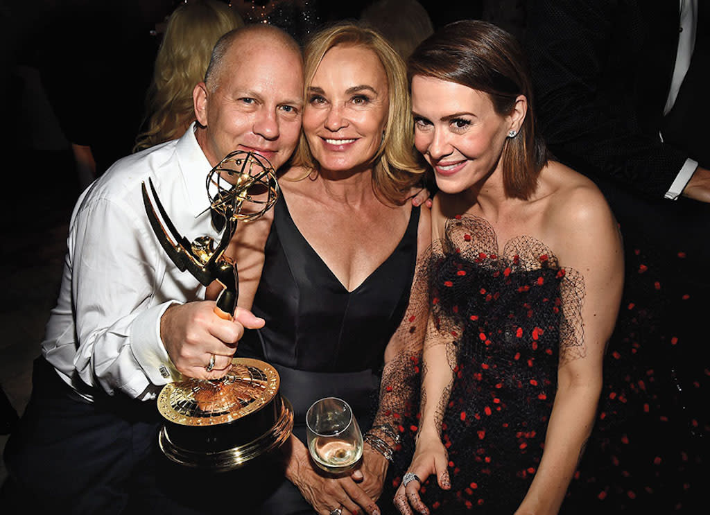 LOS ANGELES, CA - AUGUST 25:  (L-R) Producer Ryan Murphy, and actresses Jessica Lange, and Sarah Paulson attend the FOX, 20th Century FOX Television, FX Networks and National Geographic Channel's 2014 Emmy Award Nominee Celebration at Vibiana on August 25, 2014 in Los Angeles, California.  (Photo by Michael Buckner/Getty Images for FOX)