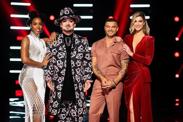 A photo of Voice coaches Kelly Rowland, Boy George, Guy Sebastian and Delta Goodrem.