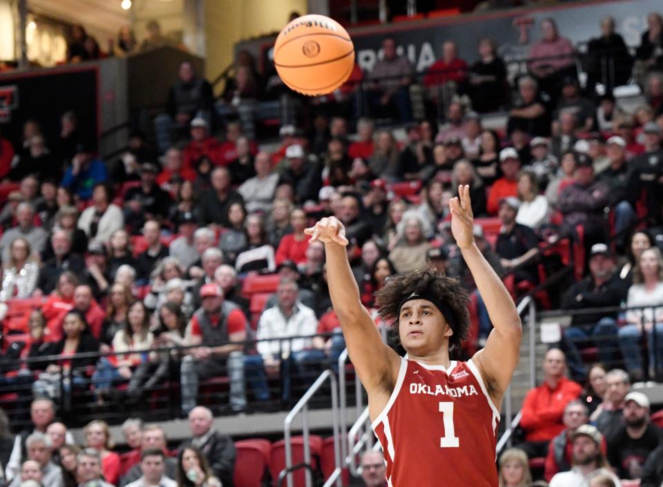 OU forward Jalen Hill shoots the ball against Texas Tech on Jan. 7 in Lubbock, Texas.