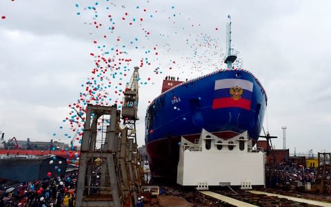 The icebreaker was launched to much fanfare at the Baltic shipyard in St Petersburg - Credit: Olga Maltseva/AFP