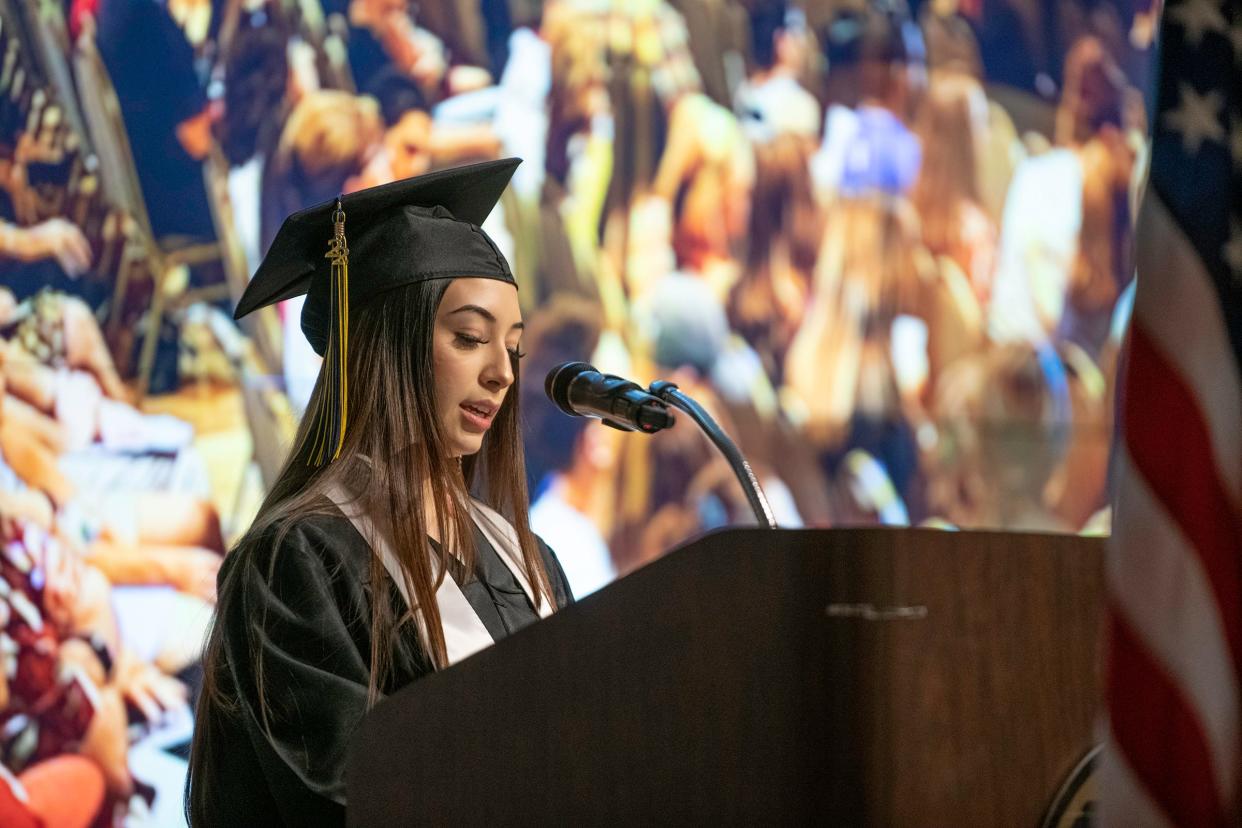 Leah Gallegos Gordon gives an emotional speech in front of  fellow graduates during the Dutch Clark Digital Online at Paragon Learning Center commencement ceremony on Thursday, May 26, 2022.