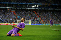 Football Soccer - Espanyol v Real Madrid - Spanish La Liga Santander - RCDE stadium, Cornella - El Prat, Spain - 18/09/16 Real Madrid's Karim Benzema celebrates a goal. REUTERS/Albert Gea