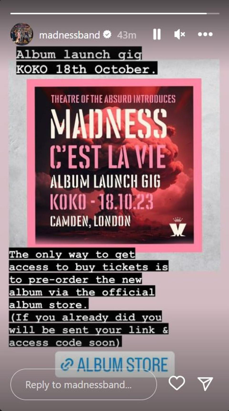 Madness will play KOKO on October 18 (Instagram @madnessband)