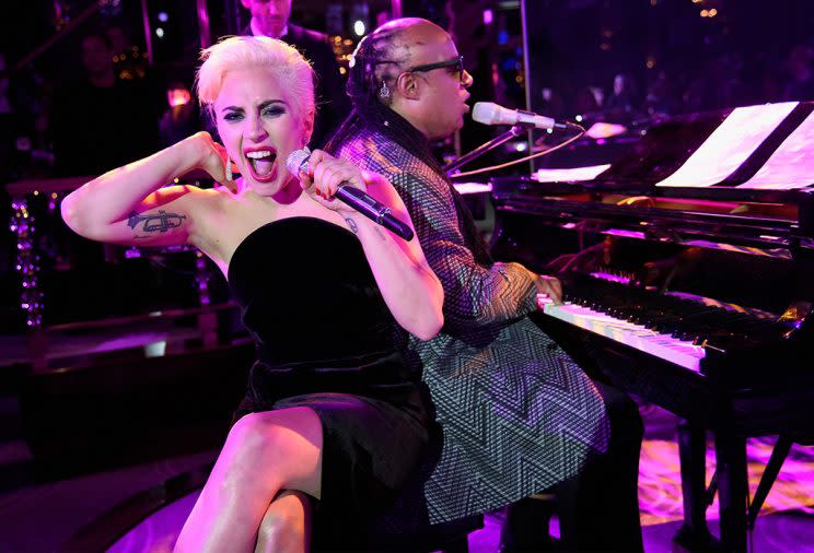 NEW YORK, NY - AUGUST 03: (EXCLUSIVE COVERAGE) Lady Gaga (L) and Stevie Wonder perform during a celebration of music legend Tony Bennett's 90th birthday at The Rainbow Room on August 3, 2016 in New York City. (Photo by Kevin Mazur/Getty Images for RPM)