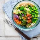 <p>The ingredients in this vegan grain bowl recipe can be prepped ahead for an easy lunch to pack for work. The tangy citrus dressing is a refreshing flavor with the sweet caramel of the roasted sheet-pan veggies. <a href="https://www.eatingwell.com/recipe/262096/edamame-veggie-rice-bowl/" rel="nofollow noopener" target="_blank" data-ylk="slk:View Recipe;elm:context_link;itc:0;sec:content-canvas" class="link ">View Recipe</a></p>