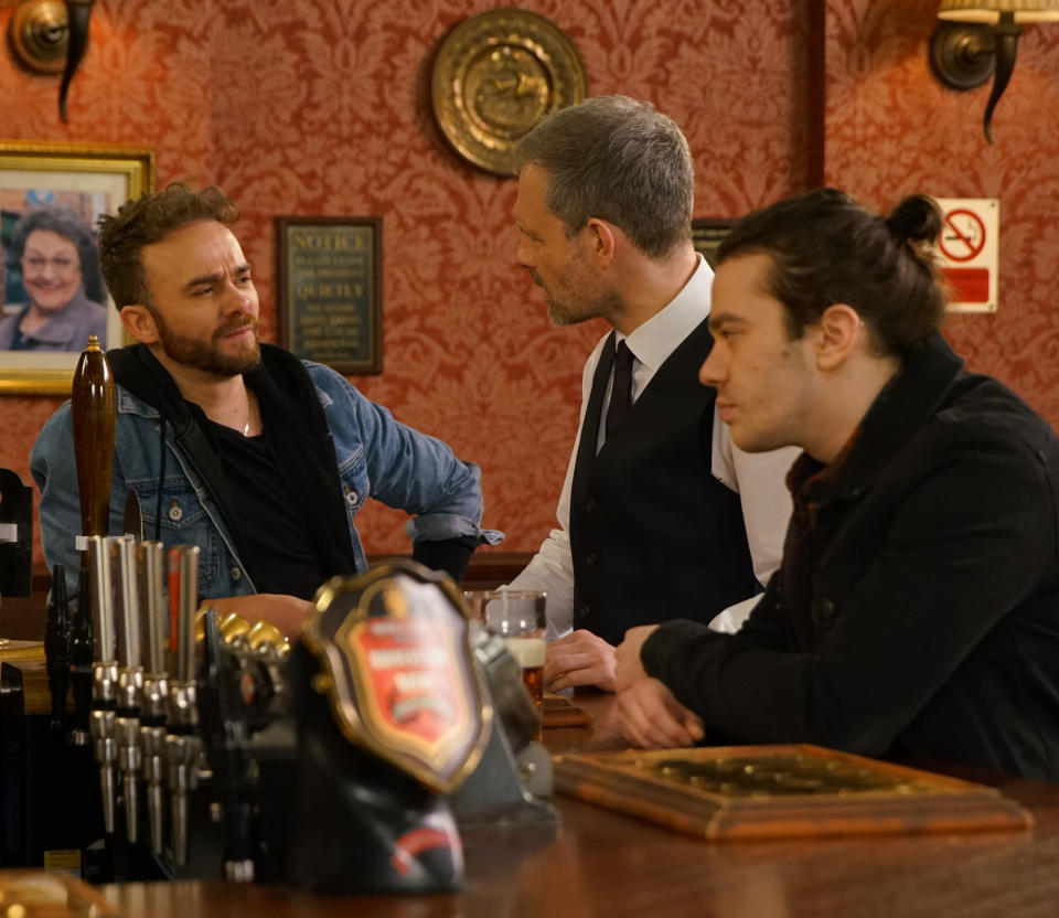 In the Rovers, David Platt [JACK P SHEPHERD] and Seb Franklin [HARRY VISINONI] row. When David accuses him of being jealous over Alina  Seb sees red and punches David.  (ITV Plc)