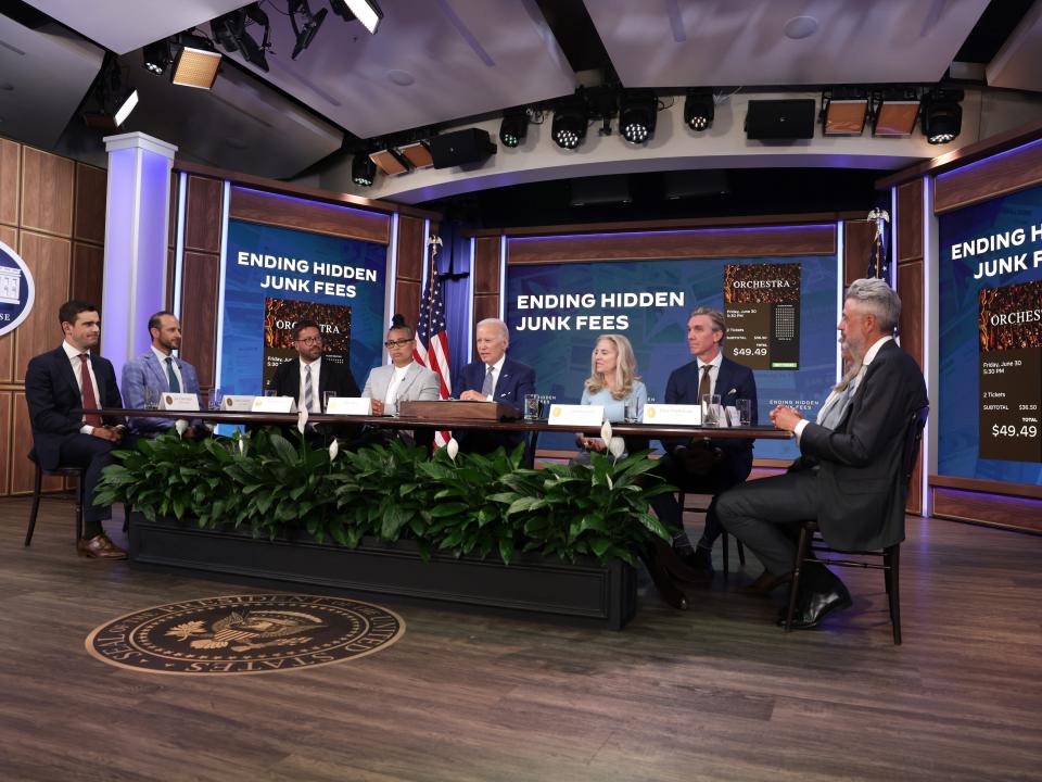 . President Joe Biden delivers remarks on protecting consumers from hidden junk fees as (L-R) CEO of SeatGeek Jack Groetzinger, Co-CEO of TickPick Brett Goldberg, CEO of DICE Phil Hutcheon, CEO of xBk Tobi Parks, Director of the National Economic Council Lael Brainard, CFO of Airbnb Dave Stephenson, and President of Live Nation Venues Tom See listen during an event at the South Court Auditorium at Eisenhower Executive Office Building on June 15, 2023 in Washington, DC. P