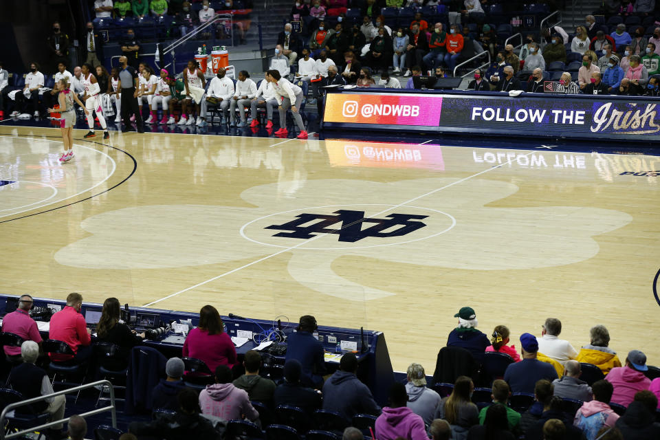 SOUTH BEND, IN - FEBRUARY 10: A general view of the Notre Dame Fighting Irish logo at center court during a womens college basketball game between the Miami Hurricanes and the Notre Dame Fighting Irish on February 10, 2022 at Purcell Pavilion At The Joyce Center in South Bend, IN(Photo by Jeffrey Brown/Icon Sportswire via Getty Images)