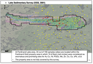 Anomalous lake sediment samples within the Ferdinand Property.