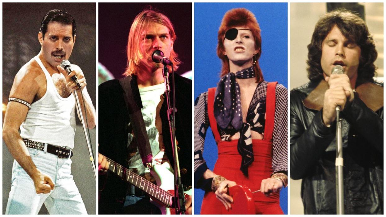  A montage of Freddie Mercury, Kurt Cobain, David Bowie and Jim Morrison. 