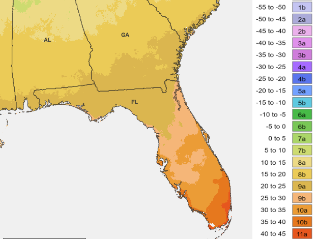 Florida plant hardiness zones based on the new 2023 map.
