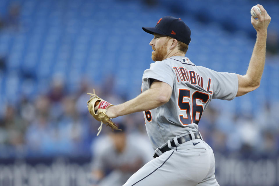 Detroit Tigers starting pitcher Spencer Turnbull (56) throws against the Toronto Blue Jays during first-inning baseball game action in Toronto, Thursday, April 13, 2023. (Cole Burston/The Canadian Press via AP)