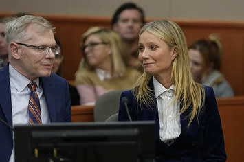 Actor Gwyneth Paltrow and attorney Steve Owens react as the verdict is read in her civil trial over a collision with another skier on March 30, 2023, in Park City, Utah.