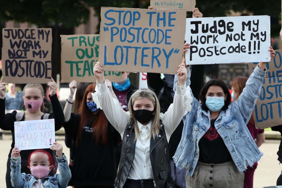 Postcode lottery: students protesting in Glasgow over the grades they were awarded (PA)