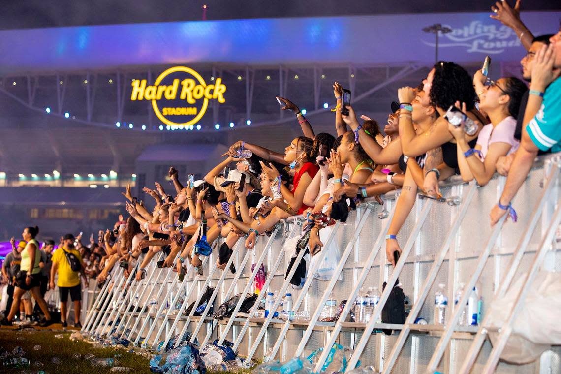 The crowd snaps photos and takes video with their phones during the third day of Rolling Loud Miami, an international hip-hop festival, at Hard Rock Stadium in Miami Gardens, Florida, on Sunday, July 25, 2021.