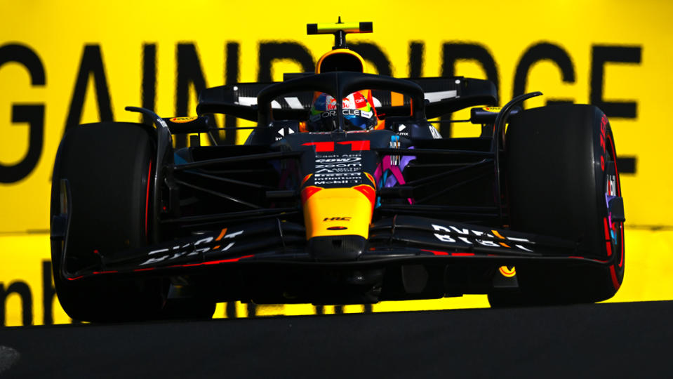 Red Bull's Sergio Perez on his way to pole position during Saturday's qualifying at the 2023 Miami Grand Prix.