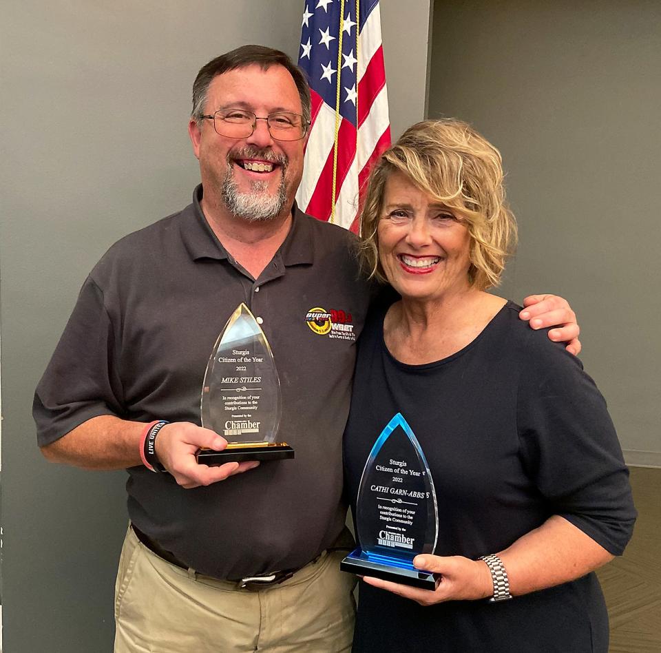 Mike Stiles and Cathi Garn Abbs were honored as Citizens of the Year at a Sturgis Fest Kick-off Dinner held Tuesday at Sturges-Young Center for the Arts.