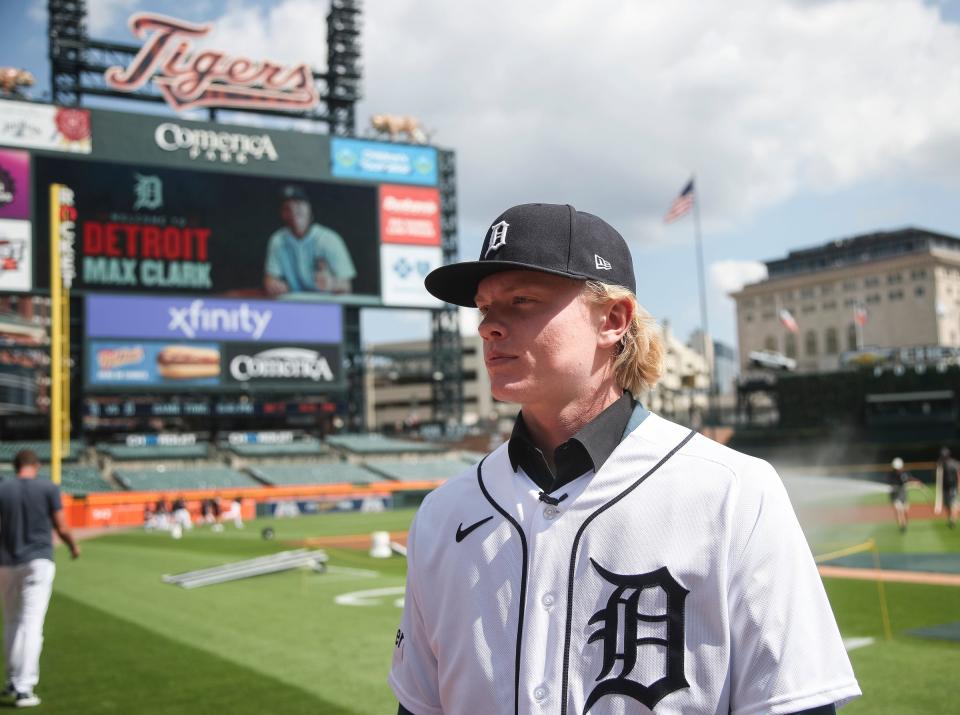Tigers first-round draft pick Max Clark walks on the field before a game between Tigers and Padres at Comerica Park on Friday, July 21, 2023.