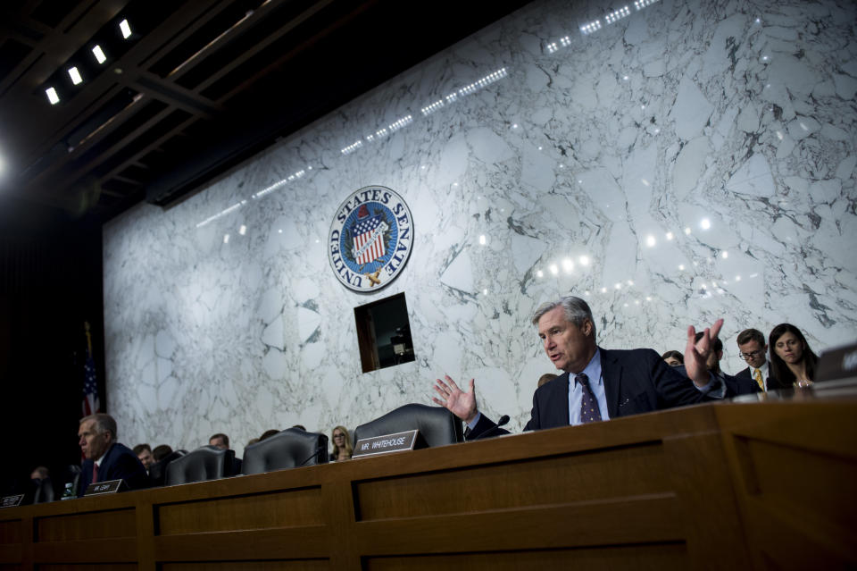 Sen. Sheldon Whitehouse (D-R.I.) questions Supreme Court nominee Brett Kavanaugh as he testifies during a hearing in front of the Senate judiciary committee on Sept. 6. (Photo: Sarah Silbiger/Congressional Quarterly via Getty Images)